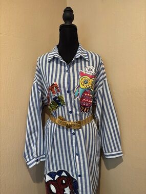 Funky 90s Light Blue and White Striped Long Button Up, with Sequined Patches